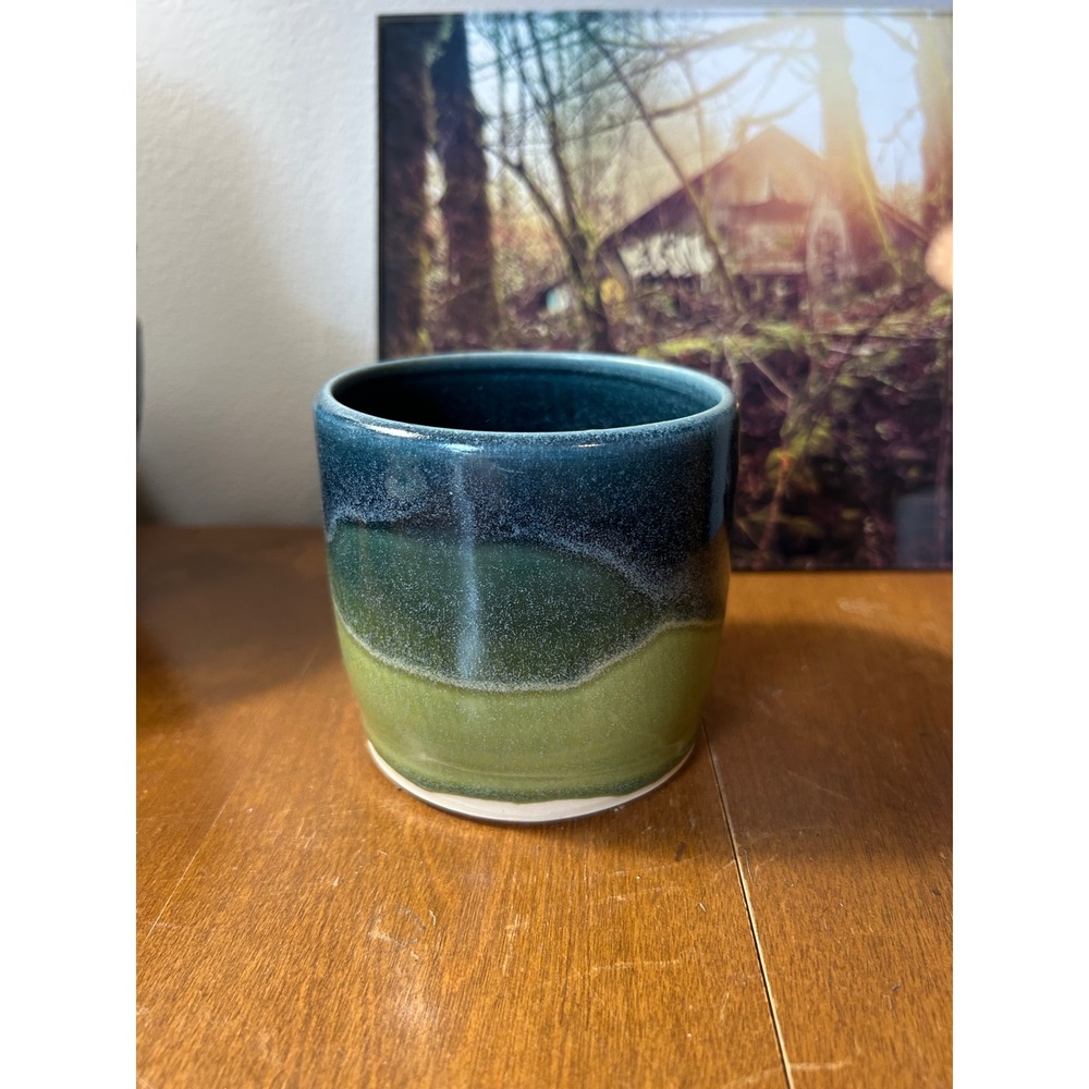 Studio Pottery SP Signed Ceramic Tumbler Teal Blue Green Reactive Glaze Cup 3.5"